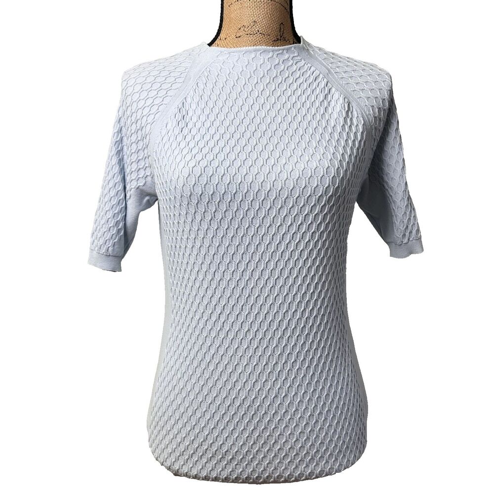 Per Se Women Light Blue Cotton Blend Textured Knit Short Sleeve Sweater Top Sz M